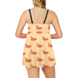 Sausage Pattern Print Design 03 Chest Sexy Pleated Two Piece Swim Dress