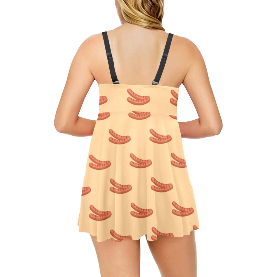 Sausage Pattern Print Design 03 Chest Sexy Pleated Two Piece Swim Dress