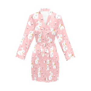 Cute white rabbit flower pink background Women's Long Sleeve Belted Night Robe