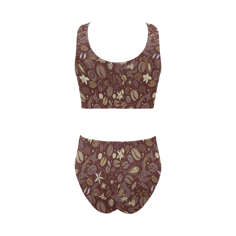 Coffee bean flower pattern Chest Bowknot High Waisted Bikini Swimsuit