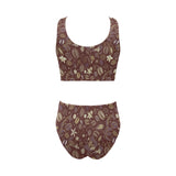 Coffee bean flower pattern Chest Bowknot High Waisted Bikini Swimsuit