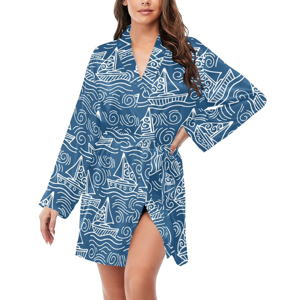 Hand drawn sailboat pattern Women's Long Sleeve Belted Night Robe