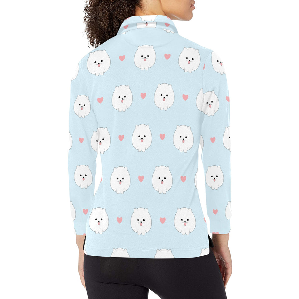 White cute pomeranian pattern Women's Long Sleeve Polo Shirt