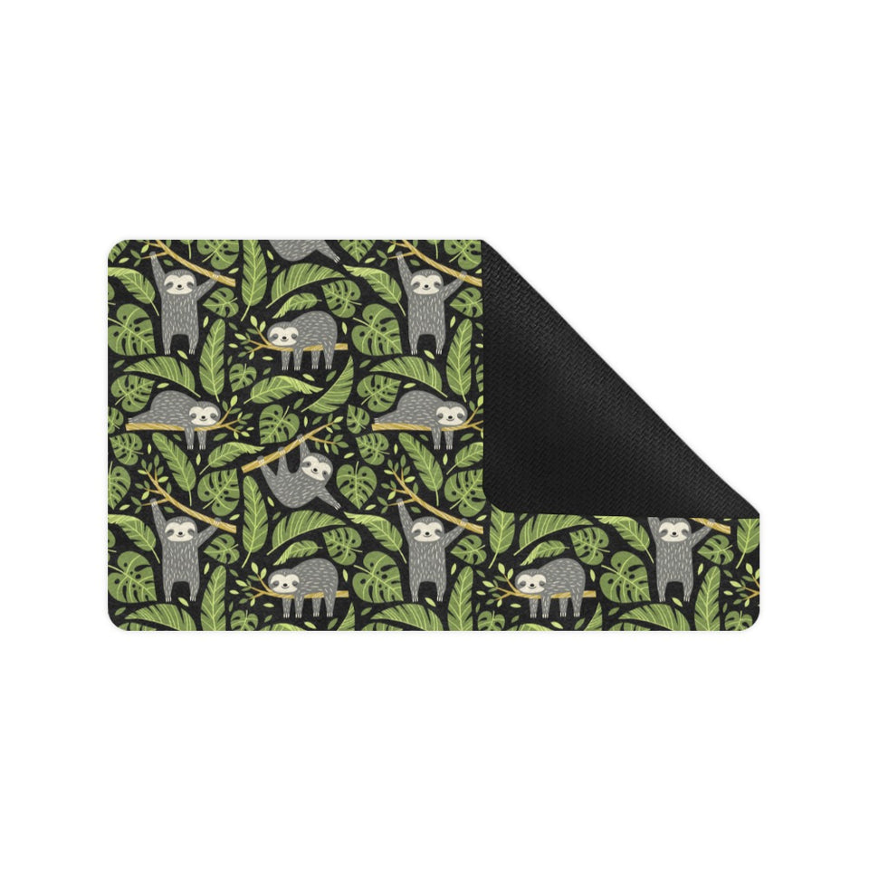 Cute sloths tropical palm leaves black background Doormat