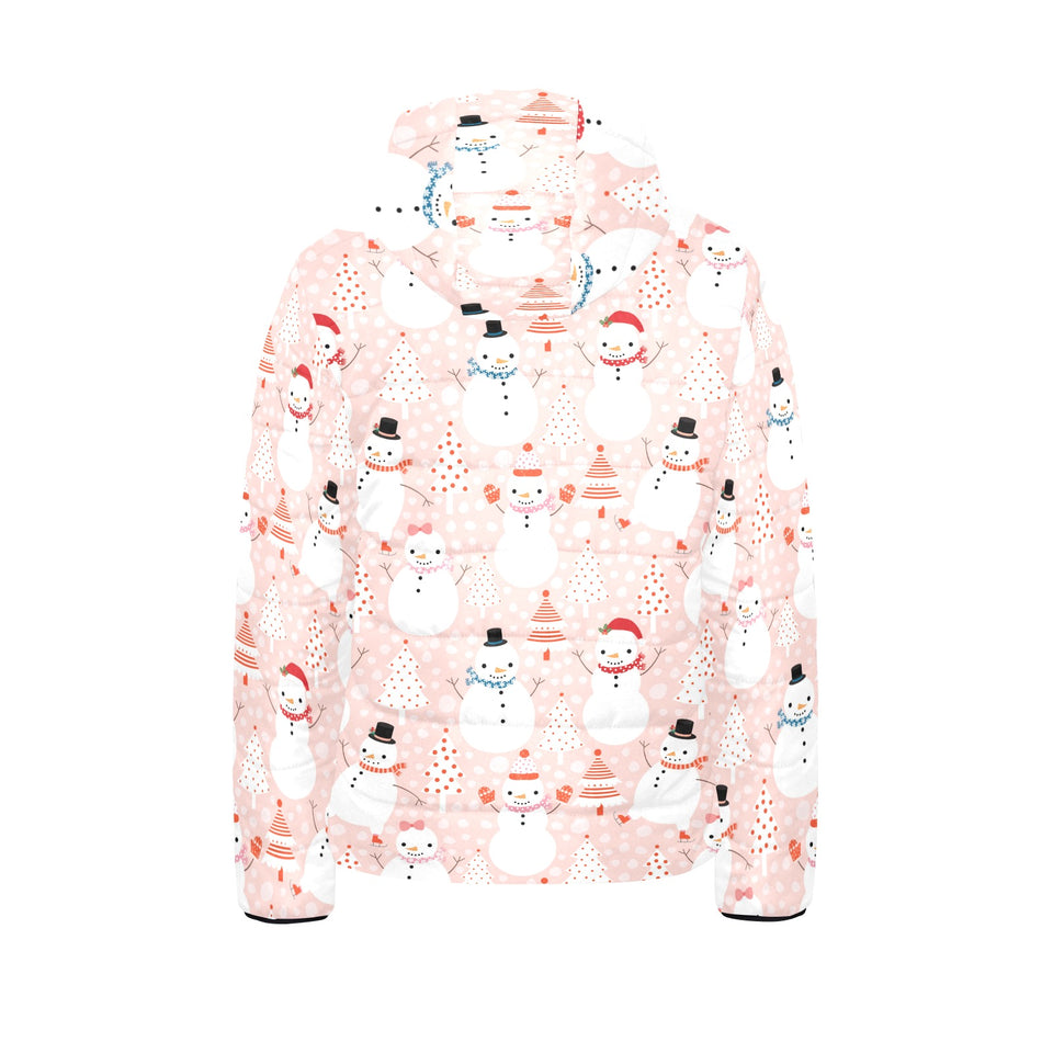 Cute snowman christmas tree snowpink background Kids' Boys' Girls' Padded Hooded Jacket
