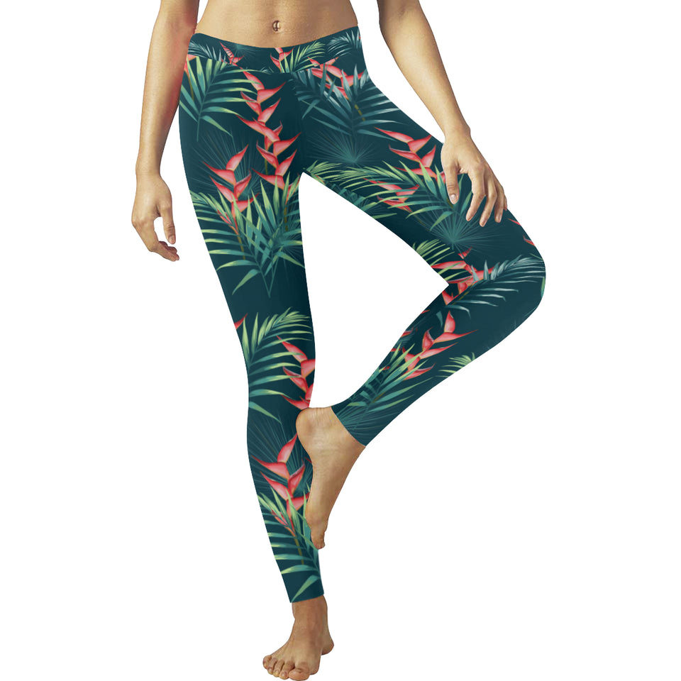 heliconia flowers, palm and monstera leaves on bla Women's Legging Fulfilled In US