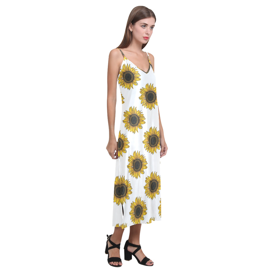 sunflowers design pattern V-Neck Open Fork Long Dress