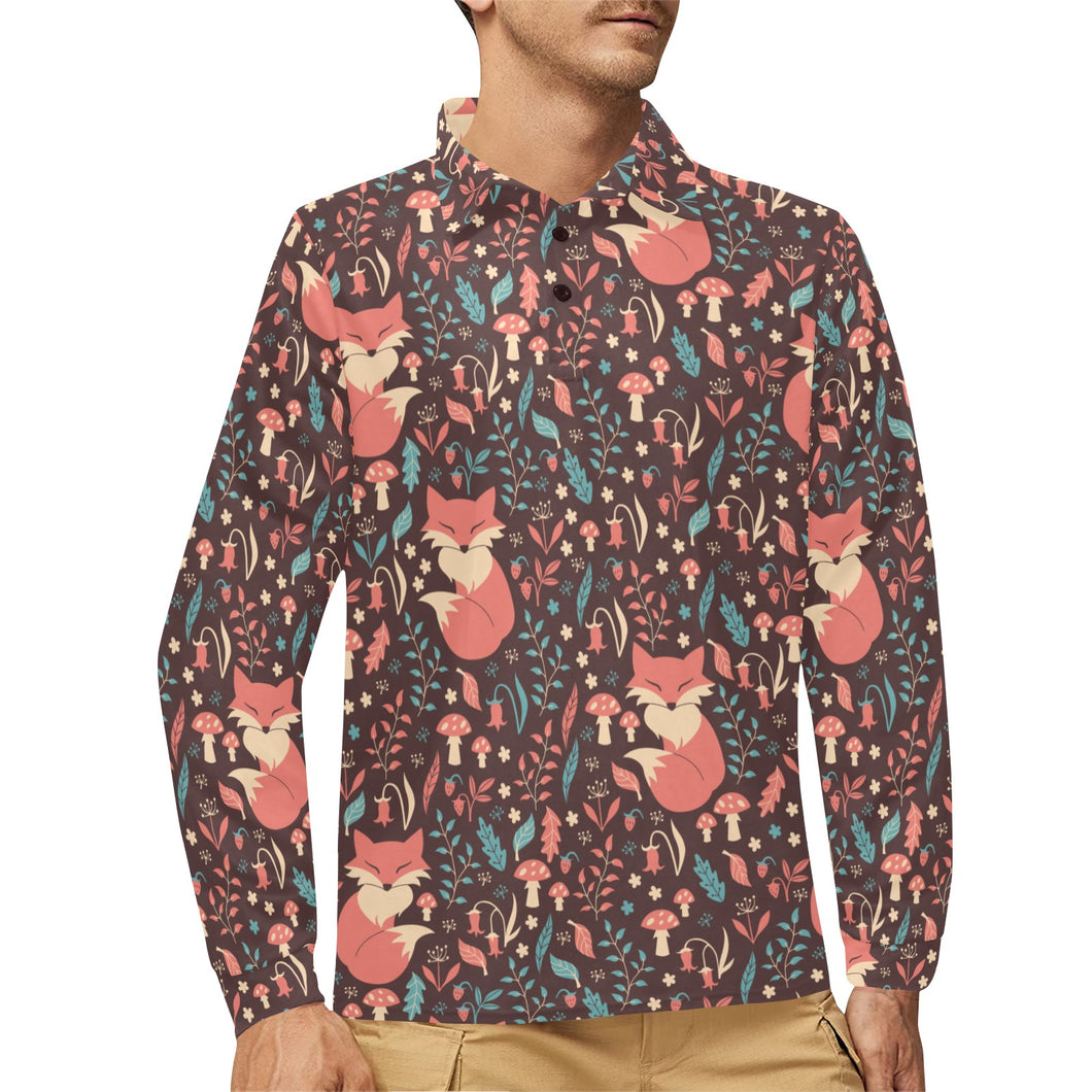 fox leaves mushroom pattern Men's Long Sleeve Polo Shirt