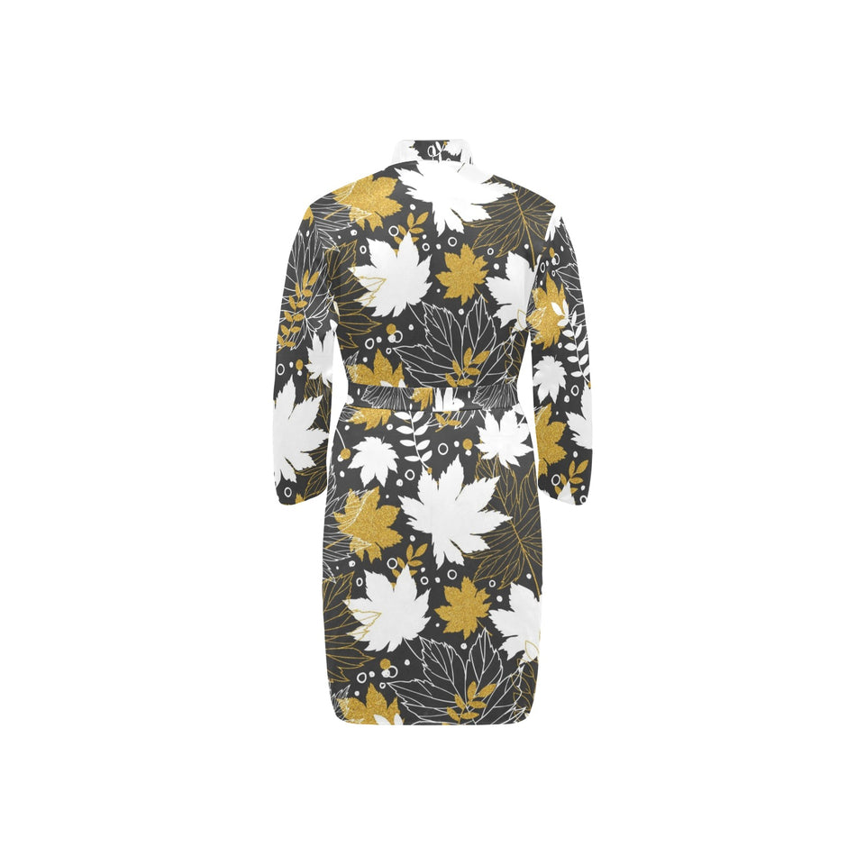 Beautiful gold autumn maple leaf pattern Men's Long Sleeve Belted Night Robe