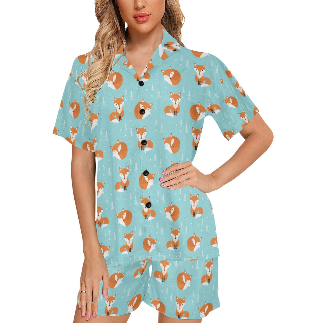 Fox pattern blue b ackground Women's V-Neck Short Pajama Set