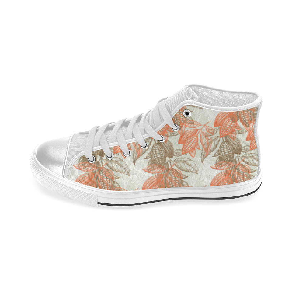 Cocoa beans Cocoa tree pattern Women's High Top Canvas Shoes White
