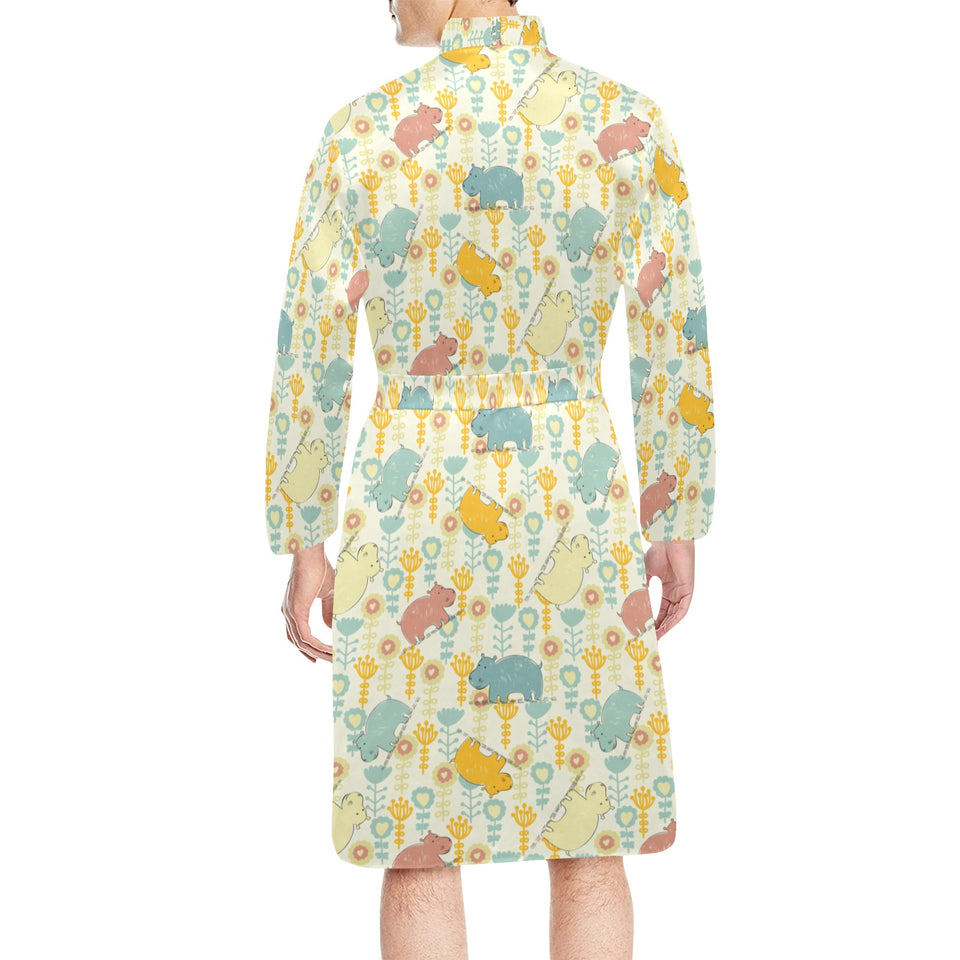 Hippopotamus Pattern Print Design 04 Men's Long Sleeve Belted Night Robe