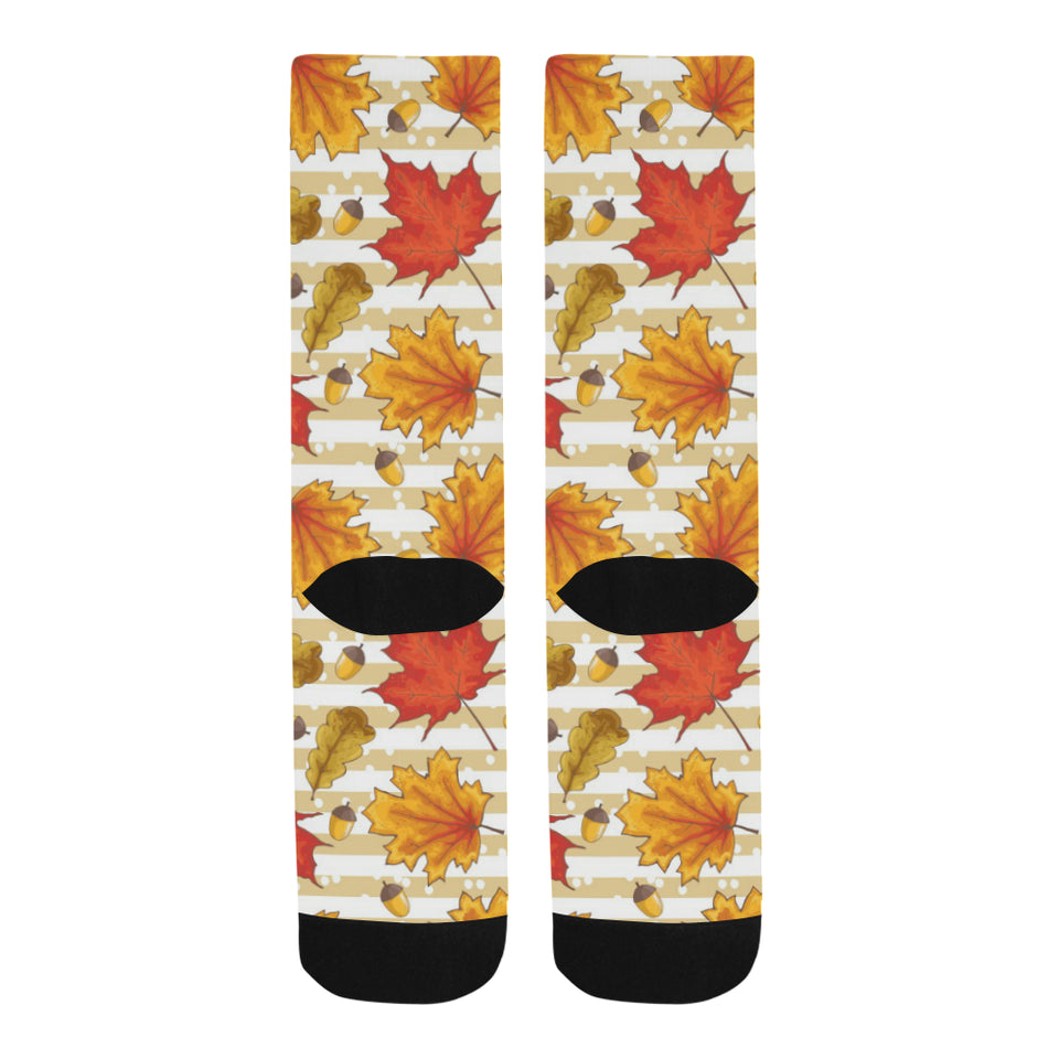 Maple leaf oak leaf acorns beige striped backgroun Crew Socks