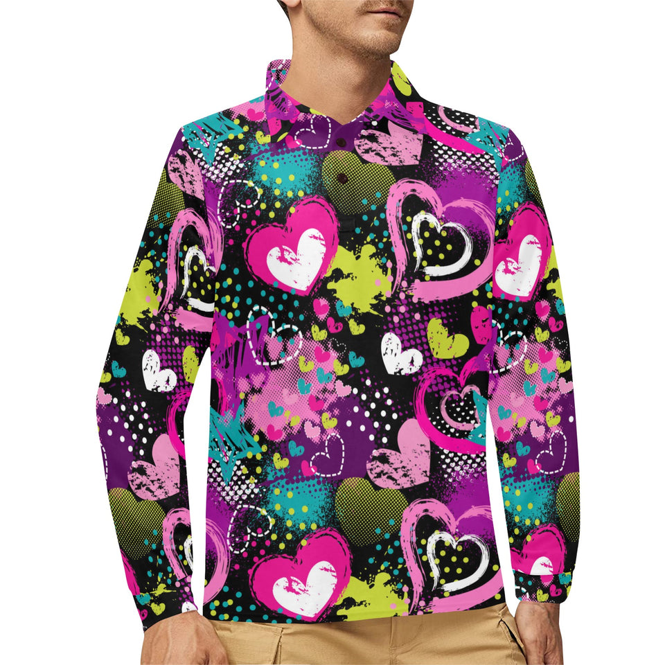 heart dot wave star creative design pattern Men's Long Sleeve Polo Shirt