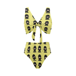 Cute ninja yellow background Chest Bowknot High Waisted Bikini Swimsuit