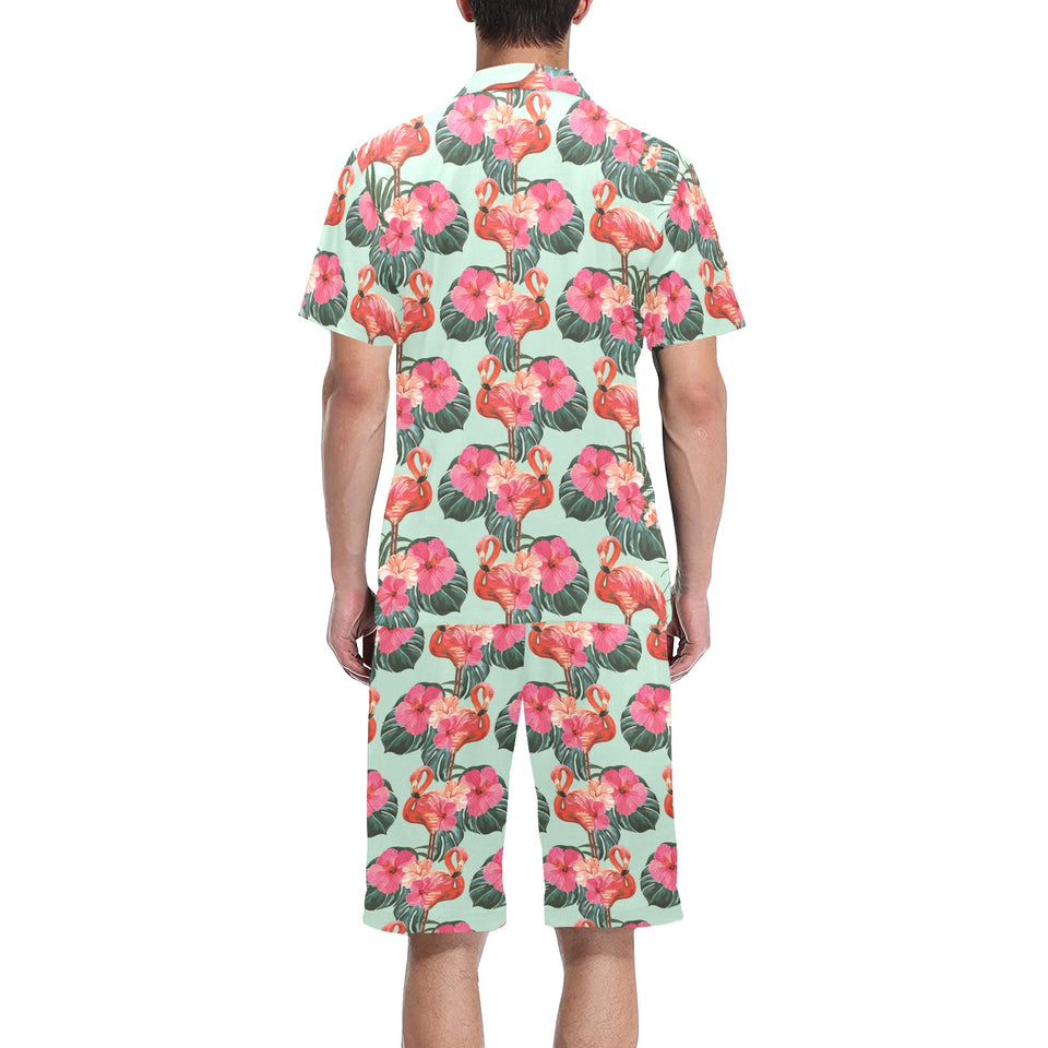 Beautiful flamingo tropical palm leaves hibiscus p Men's V-Neck Short Pajama Set