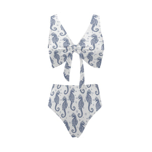Seahorse pattern background Chest Bowknot High Waisted Bikini Swimsuit