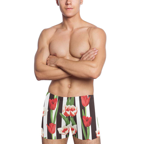 red and white tulips pattern Men's Swimming Trunks