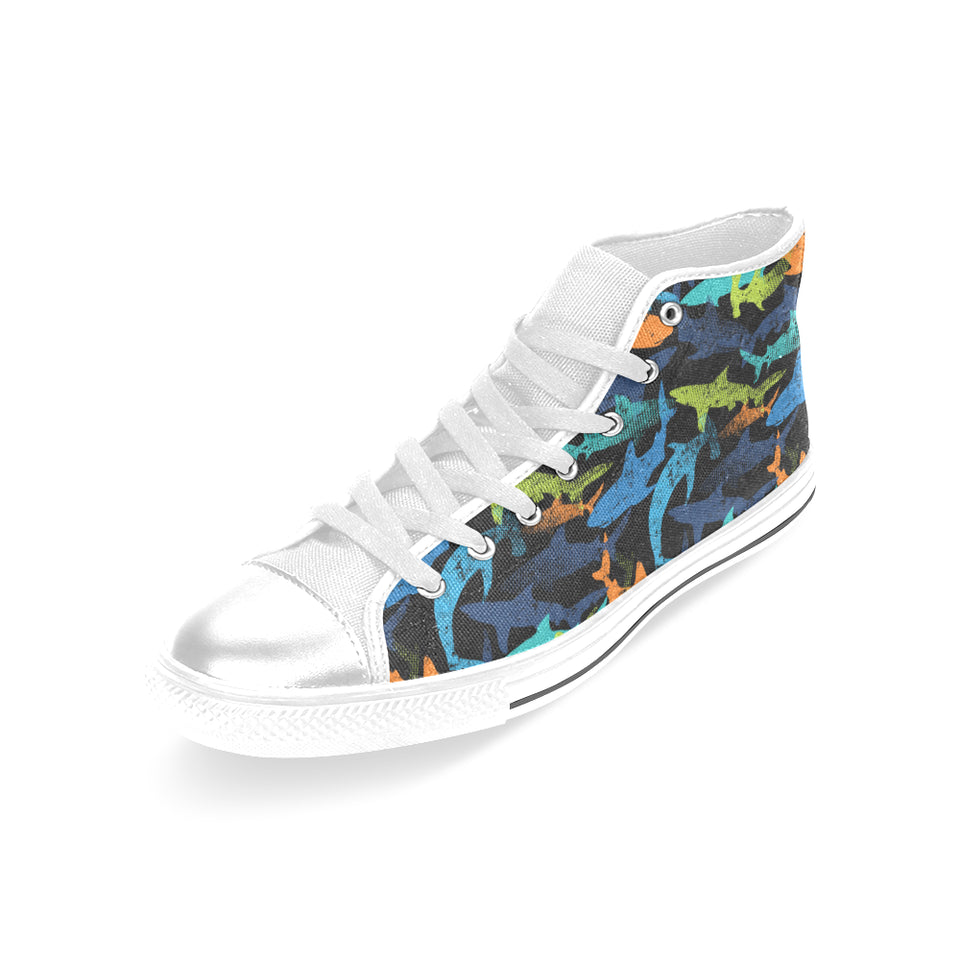 Colorful shark Women's High Top Canvas Shoes White
