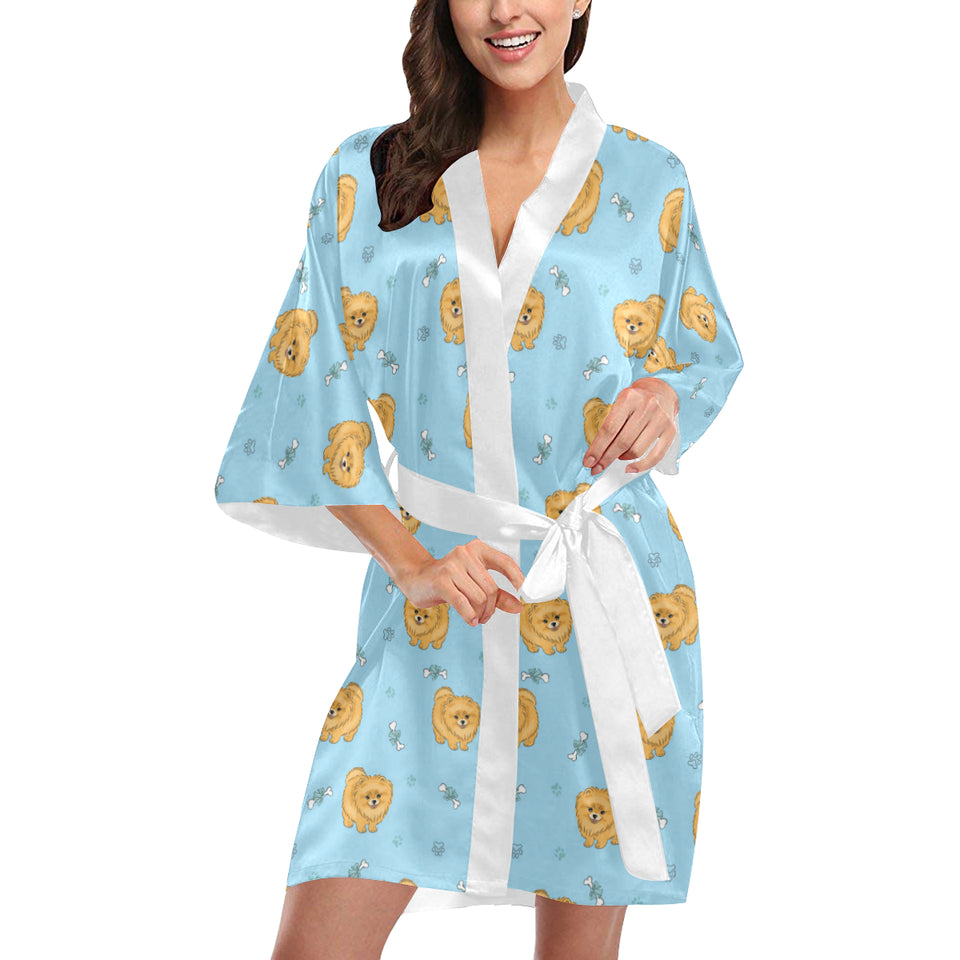 Brown cute pomeranian blue blackground Women's Short Kimono Robe