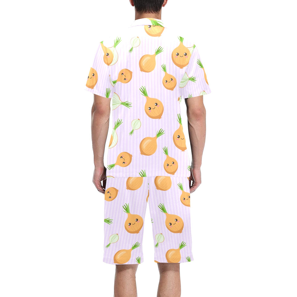 cute onions smiling faces purple background Men's V-Neck Short Pajama Set