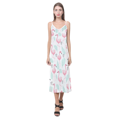 Cute flamingo pattern V-Neck Open Fork Long Dress