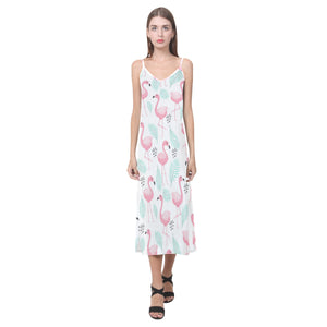 Cute flamingo pattern V-Neck Open Fork Long Dress