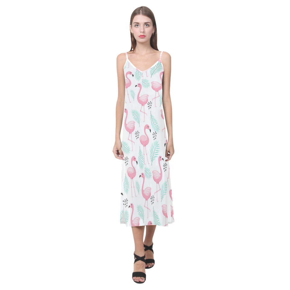 Cute flamingo pattern V-Neck Open Fork Long Dress