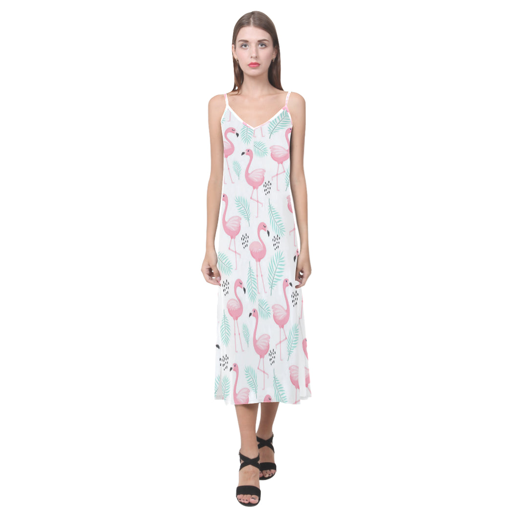 Cute flamingo pattern V-Neck Open Fork Long Dress