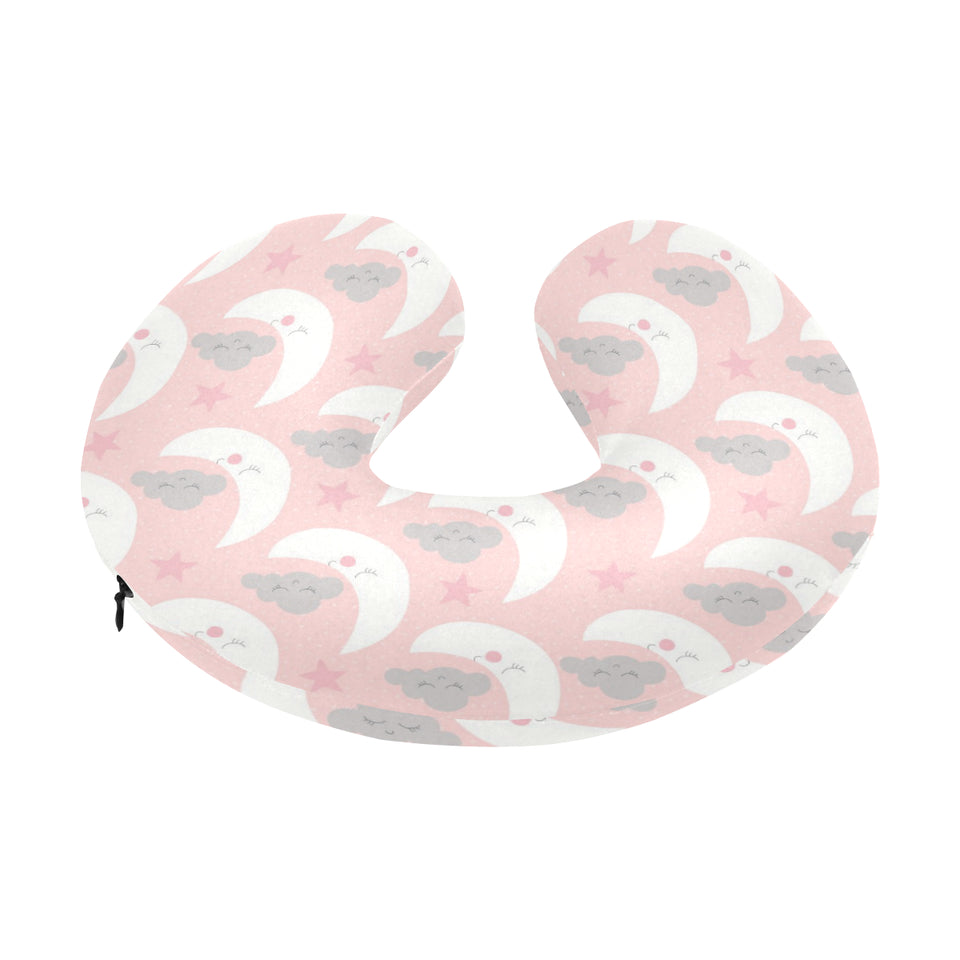Cute moon cloud star pattern pink dot background U-Shaped Travel Neck Pillow
