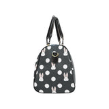 Cute white rabbit polka dots black background Travel Bag