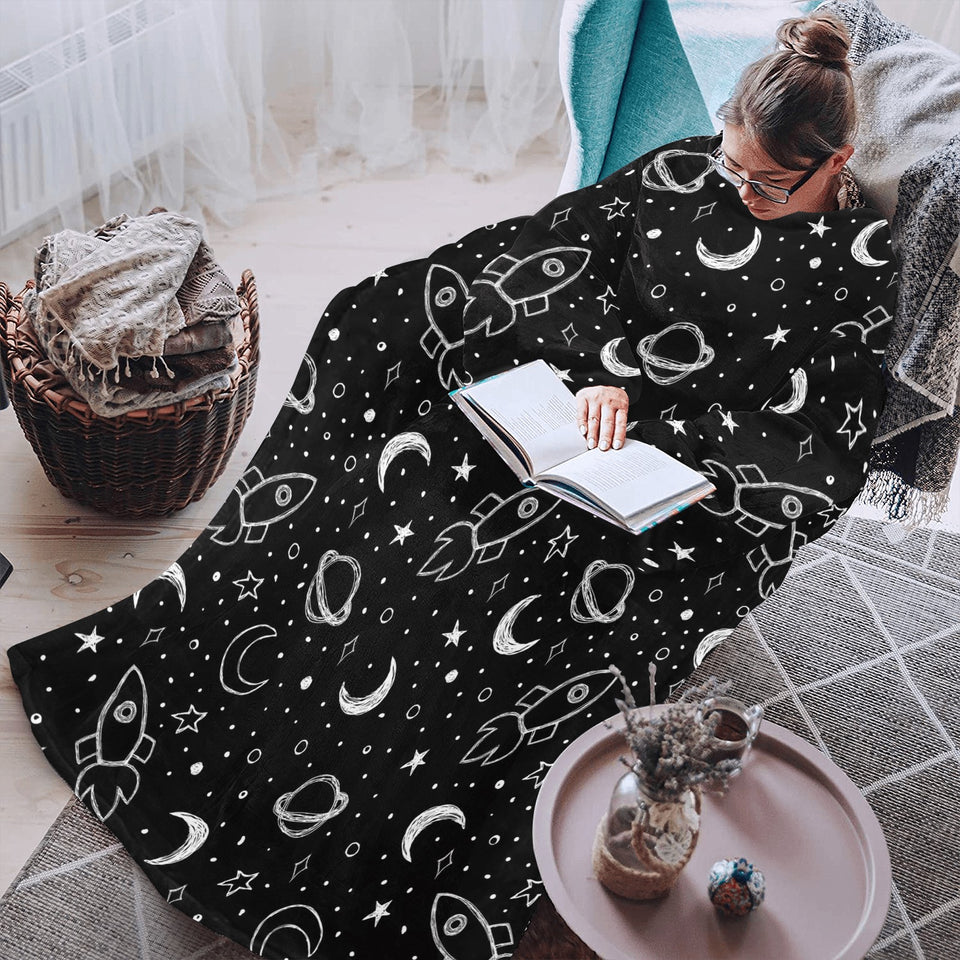 Hand drawn space rocket star planet Blanket Robe with Sleeves