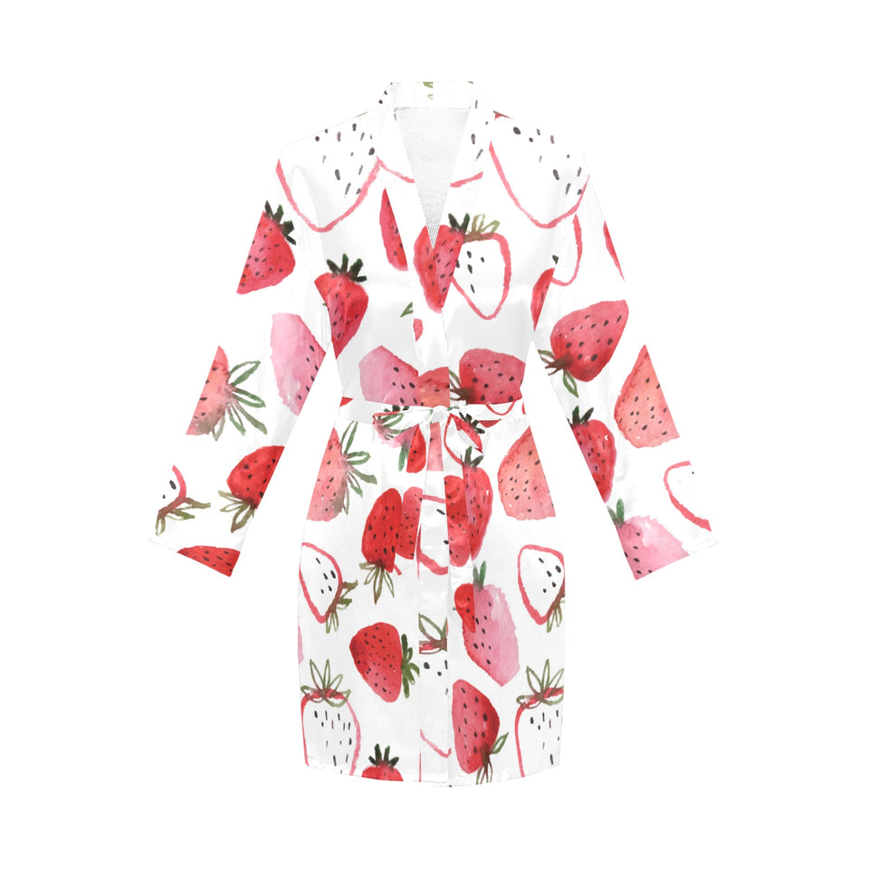 watercolor hand drawn beautiful strawberry pattern Women's Long Sleeve Belted Night Robe