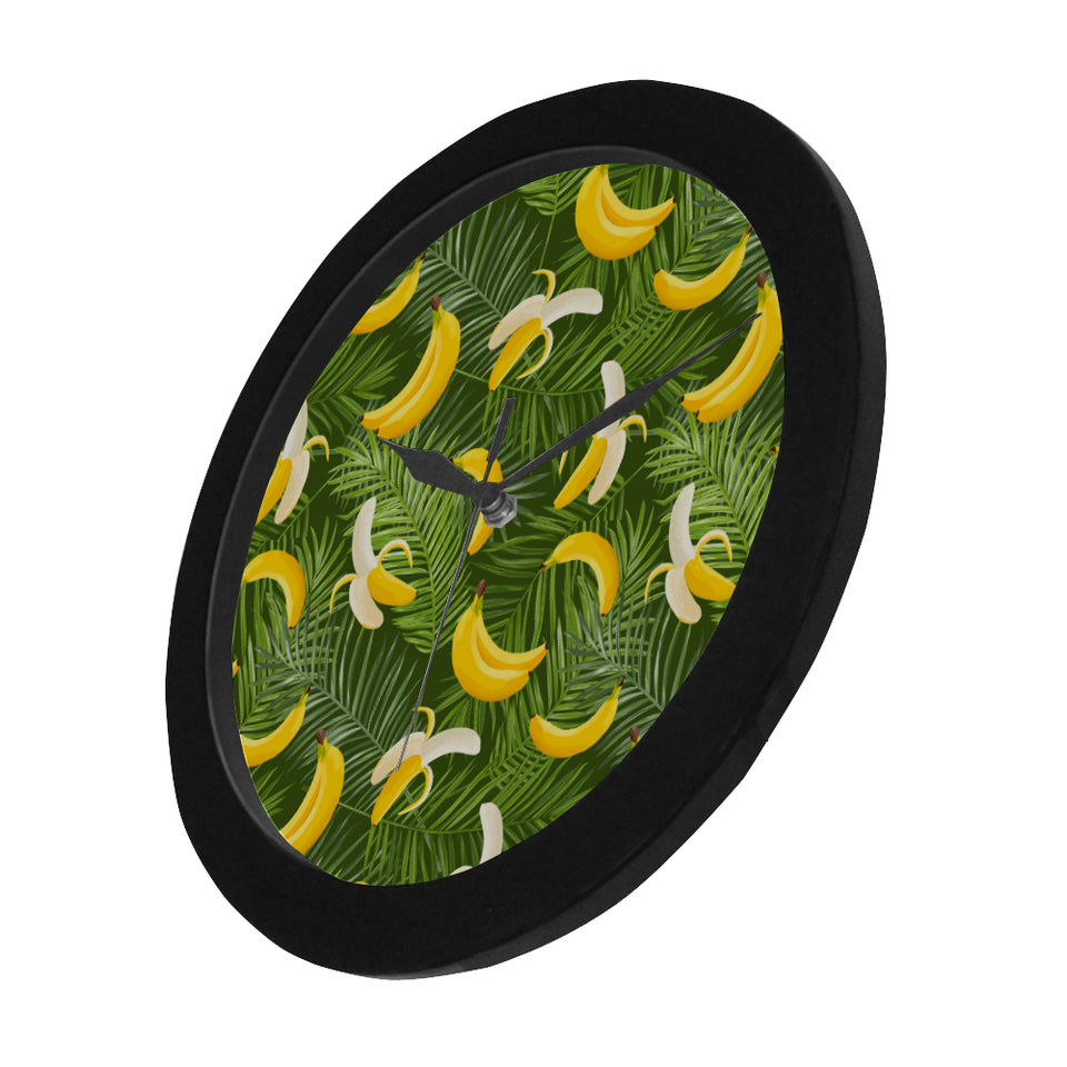 Banana Palm Leaves pattern Elegant Black Wall Clock