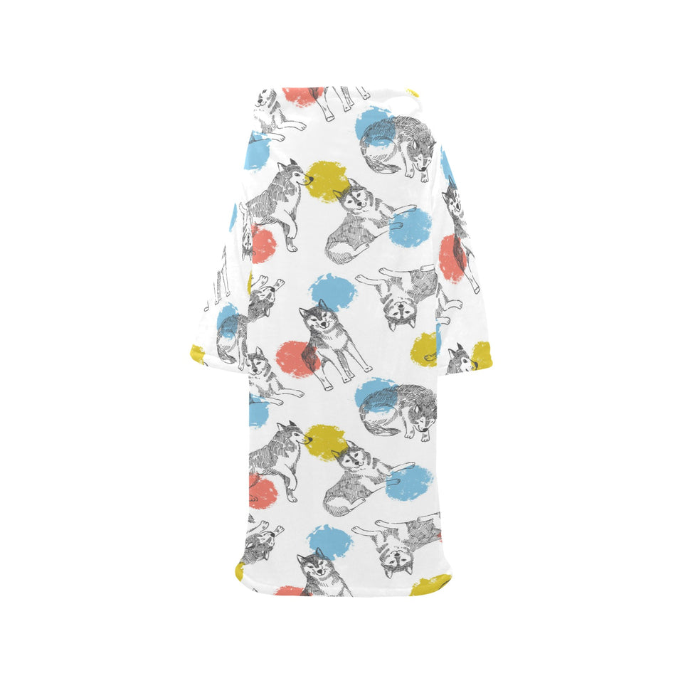 Siberian husky and colorful circle pattern Blanket Robe with Sleeves