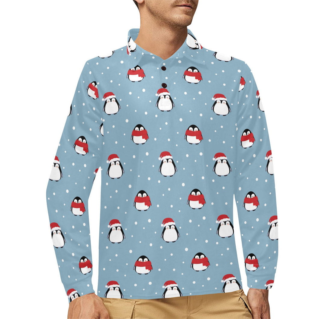 Cute penguin christmas snow pattern Men's Long Sleeve Polo Shirt