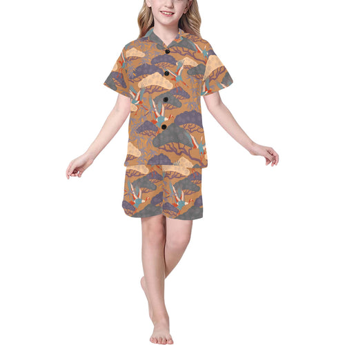 Bonsai bamboo stork japanese pattern brown theme Kids' Boys' Girls' V-Neck Short Pajama Set