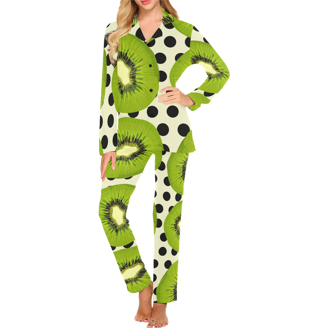 kiwi black dot background Women's Long Pajama Set