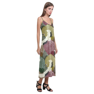 Japanese cranes flying forest dot pattern V-Neck Open Fork Long Dress