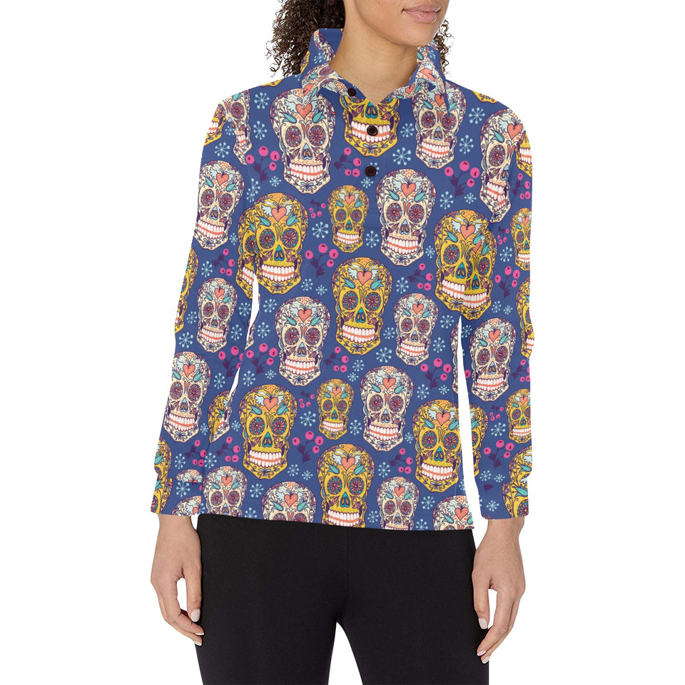 Sugar skull flower pattern Women's Long Sleeve Polo Shirt