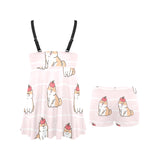 Cute Shiba Inu Dog Apple pattern Chest Sexy Pleated Two Piece Swim Dress