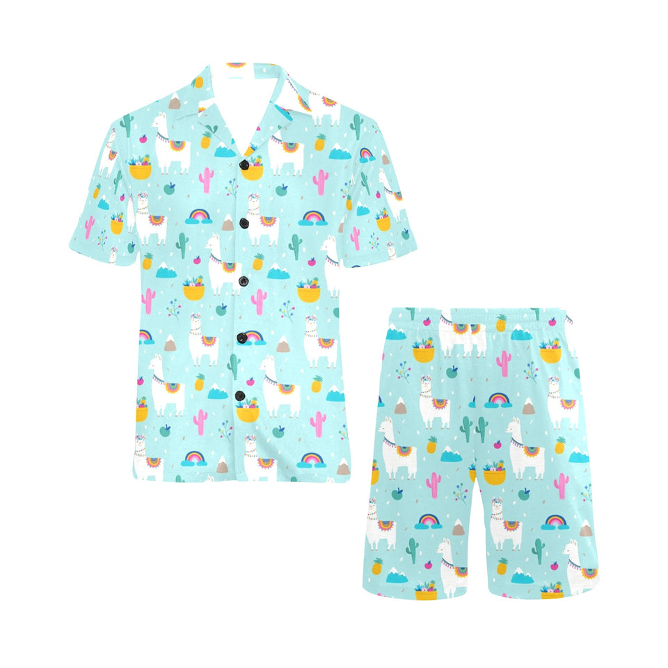 Llama alpaca cactus leaves pattern Men's V-Neck Short Pajama Set