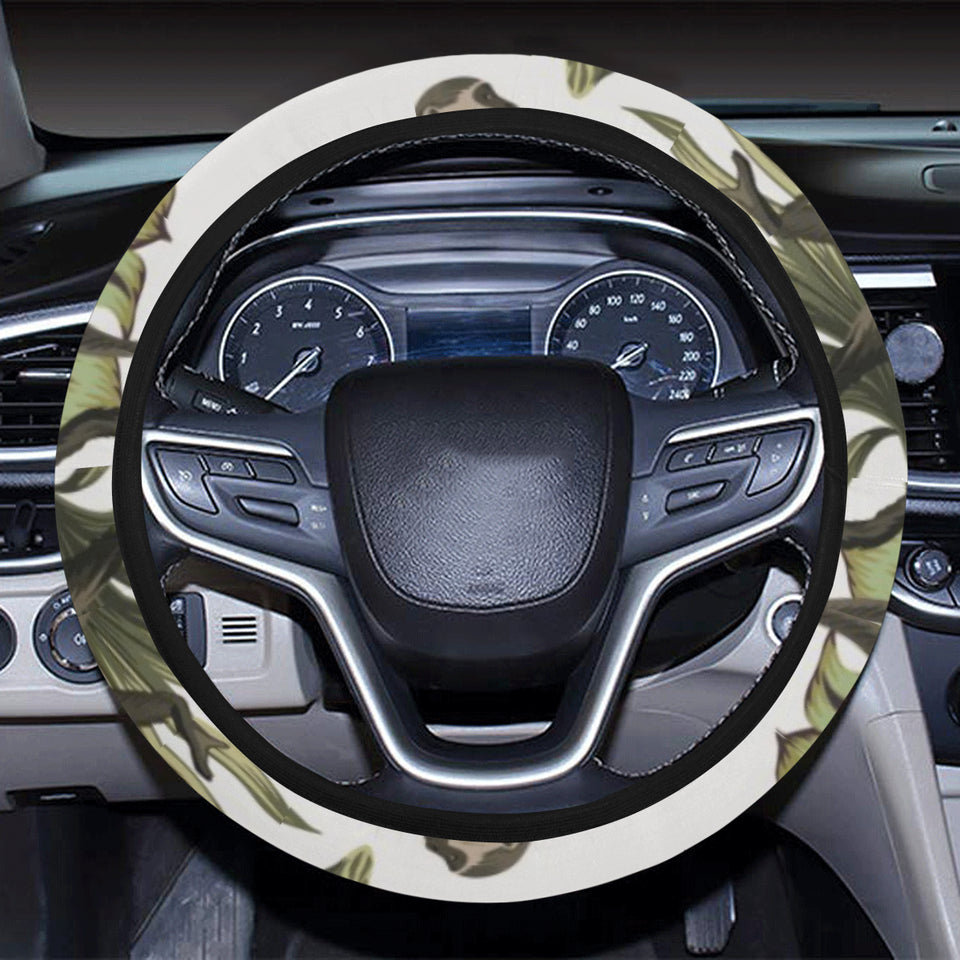 Monkey red hibiscus flower palm leaves floral patt Car Steering Wheel Cover