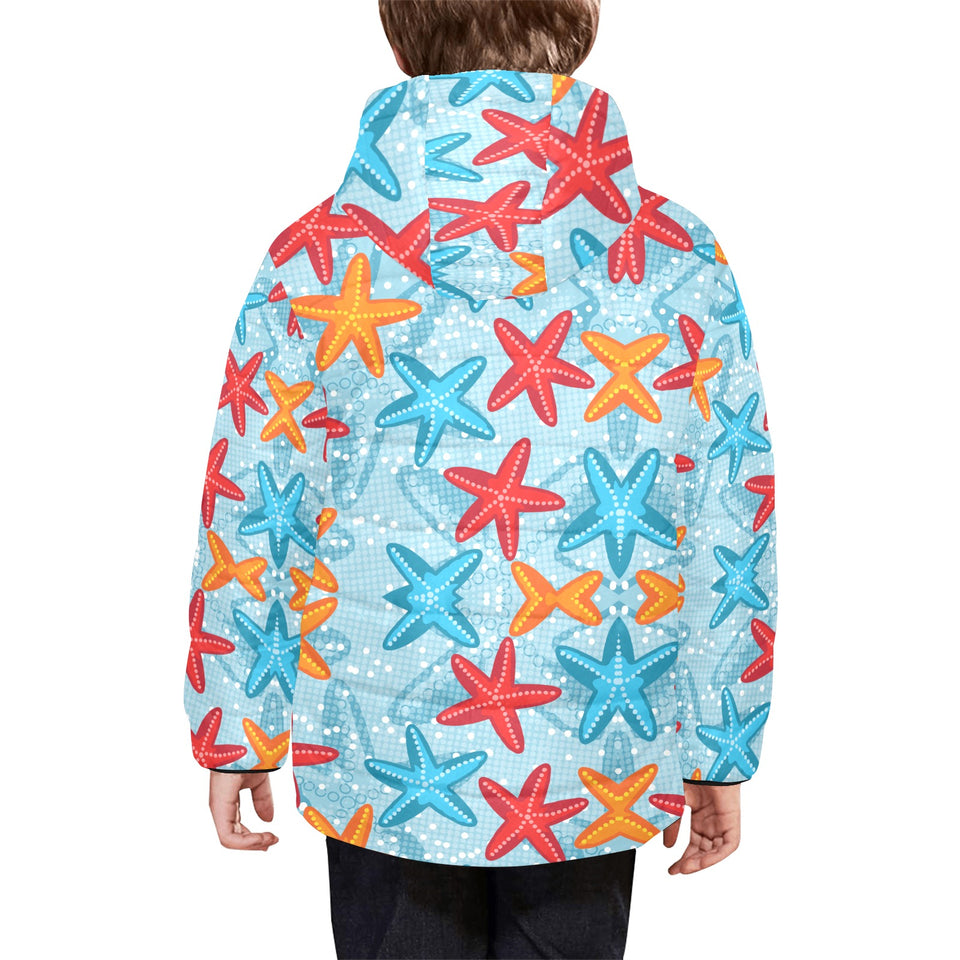 Blue red orange starfish pattern Kids' Boys' Girls' Padded Hooded Jacket