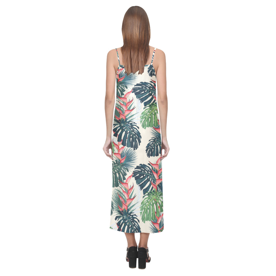 heliconia flowers, palm and monstera leaves V-Neck Open Fork Long Dress