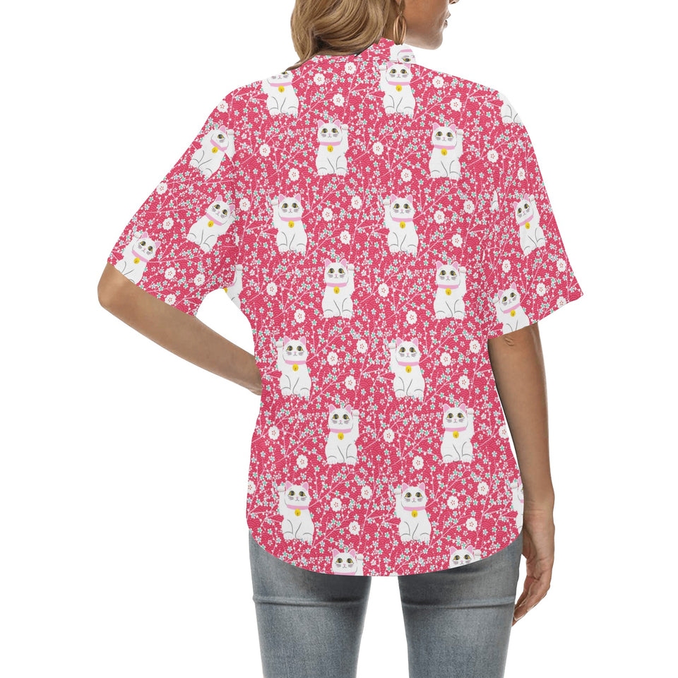 Maneki neko cat sakura pink background Women's All Over Print Hawaiian Shirt