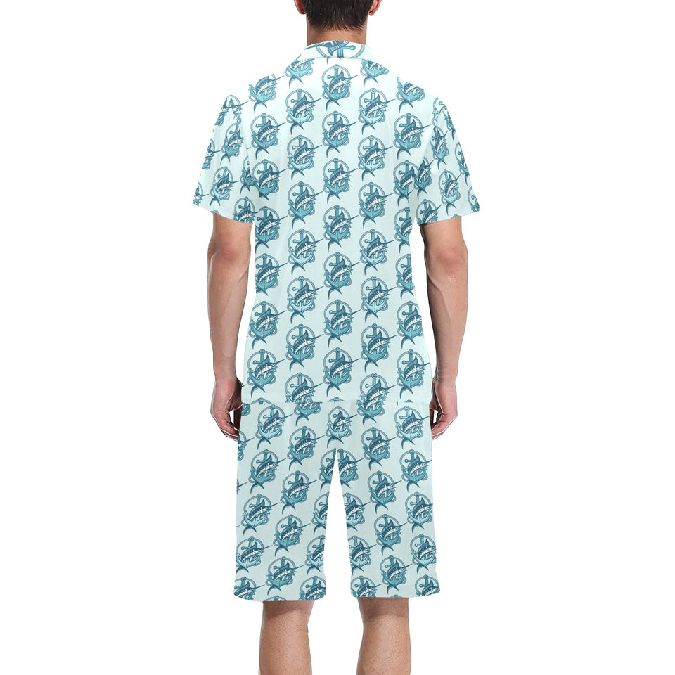 Swordfish Pattern Print Design 05 Men's V-Neck Short Pajama Set