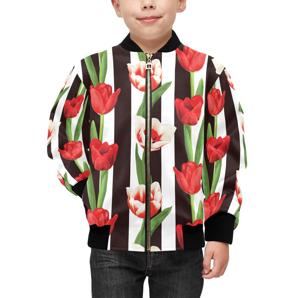 red and white tulips pattern Kids' Boys' Girls' Bomber Jacket