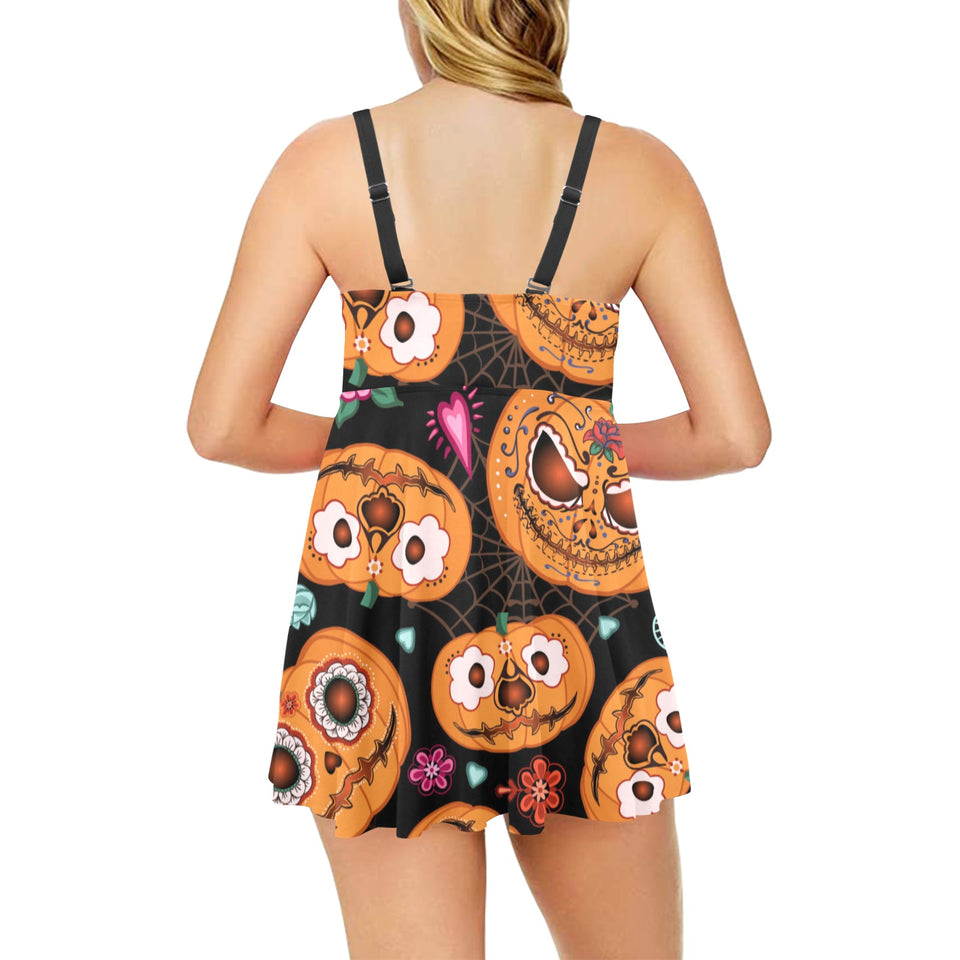 Pumpkin flowers spiderweb Halloween theme Chest Sexy Pleated Two Piece Swim Dress