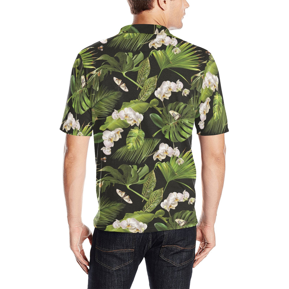 White orchid flower tropical leaves pattern blackg Men's All Over Print Polo Shirt